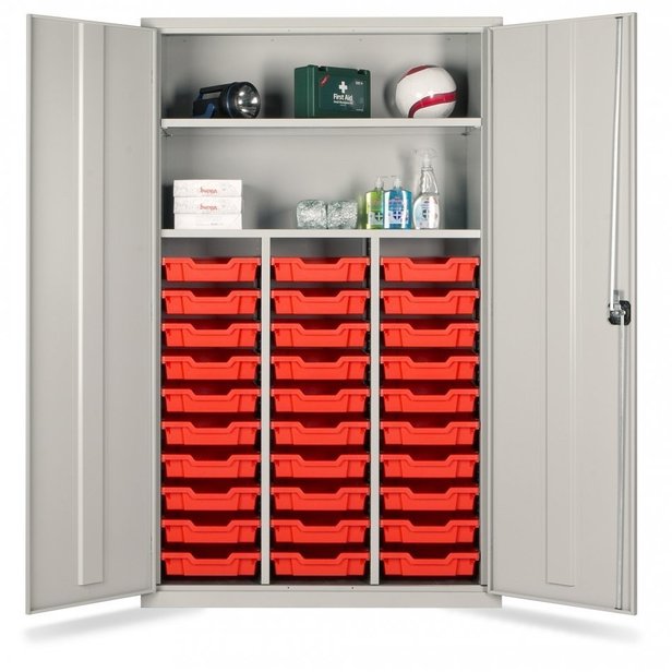 Supporting image for Y786000 - 30 Shallow Trays Storage Teacher Cupboard - Red Trays