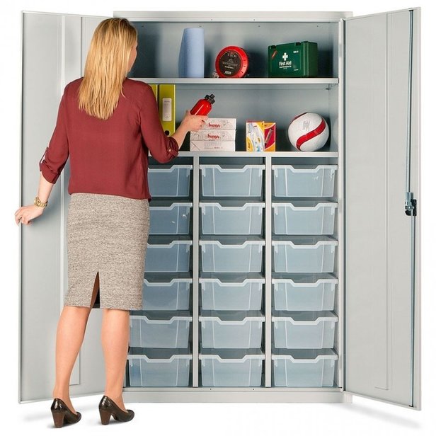 Supporting image for Y785600 - 18 Deep Trays Storage Teacher Cupboard - Red Trays